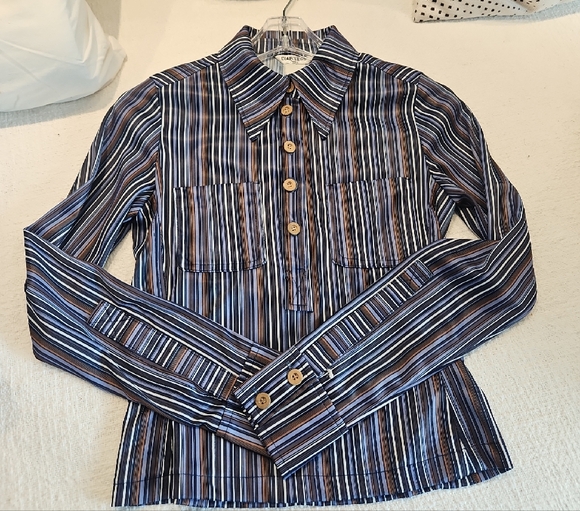 Diab Less Paris Brand .Chaps Blue Black Long Sleeve Notched Collar Crop Shirt - Picture 5 of 6